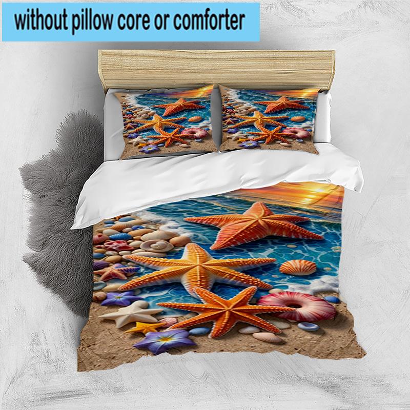 Ocean Starfish Shells 3pcs Bedding,Including 1pc Duvet Cover And 2pcs Pillowcases Perfect for Christmas,Ideal for Bedroom, Dormitory