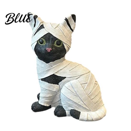 Small Spooky Decoration Mummy Black Cat Resin Figurine, Halloween Kitten Statue with Big Eyes & Wrapped Bandages, Horror-themed Decor Cute Desk Shelf