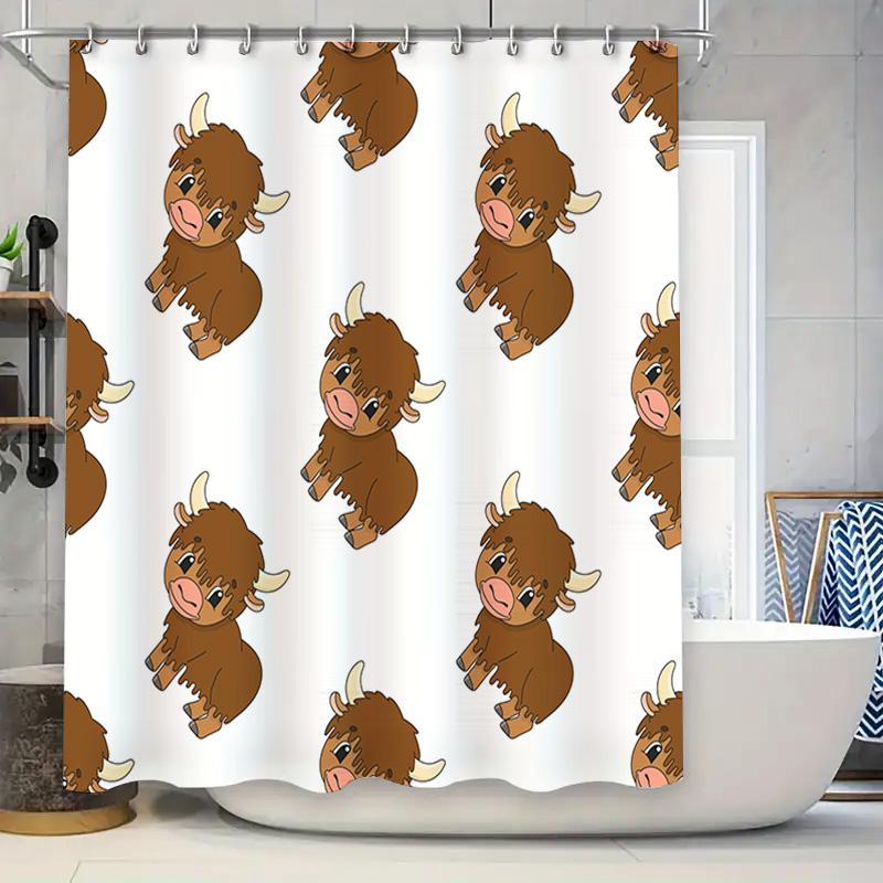 12-piece Set Waterproof Cartoon Animal Bathroom Curtain with Hooks Cute Buffalo Print Design for Home Decor In White White Color