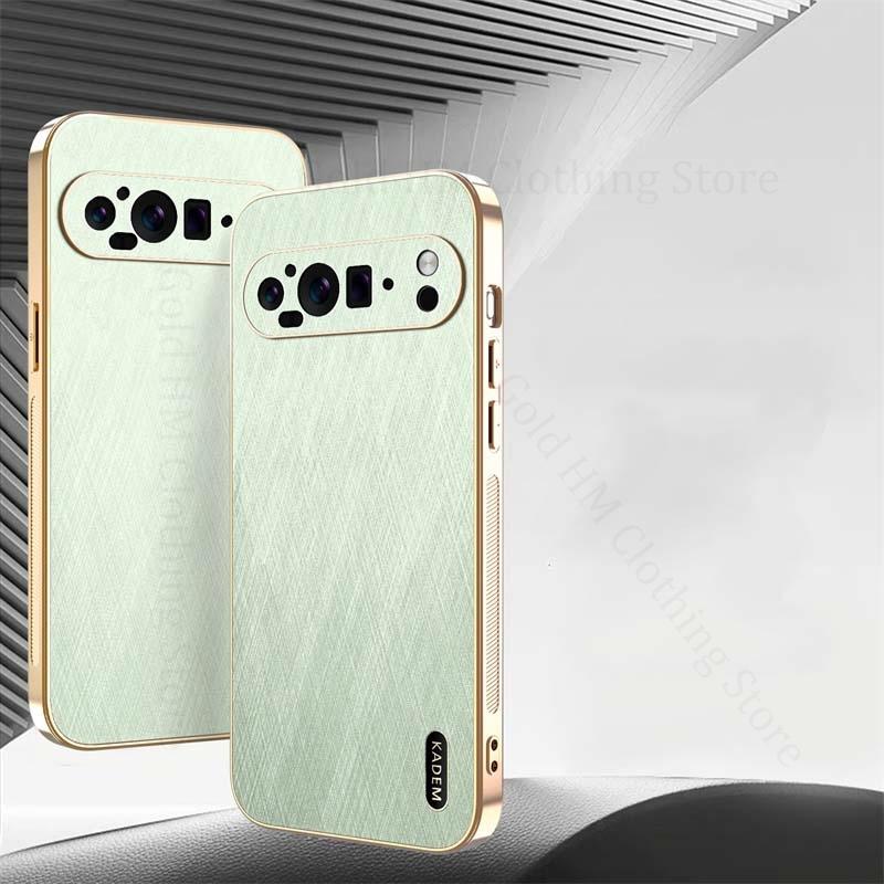 6D Plating Gold Silk Grain Leather Case For Google Pixel 9 Pro XL Electroplated Tough Shockproof Cover For Pixel 9a 8 7 6 9 Pro