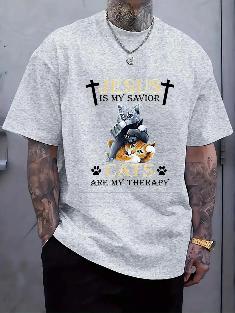 Casual Cat and Faith Graphic T-shirt - Jesus is My Savior Print L
