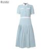 ZANZEA Women Casual Turn Down Collar Summer Short Sleeve Pleated Dress