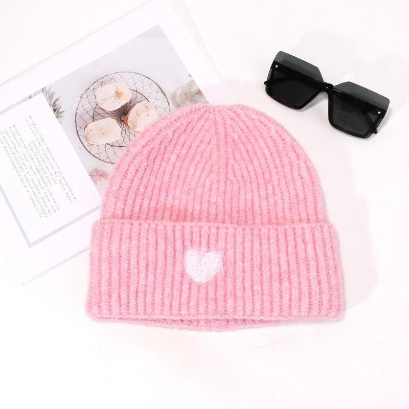 Women's Autumn and Winter New Face Showing Small Wool Hat Encore Red and White Warm and Simple Love Embroidery Knitted Hat