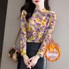 Women's Autumn/Winter Floral Ribbed Fleece Base Layer Top, Semi-High Neck, Slimming Long Sleeve