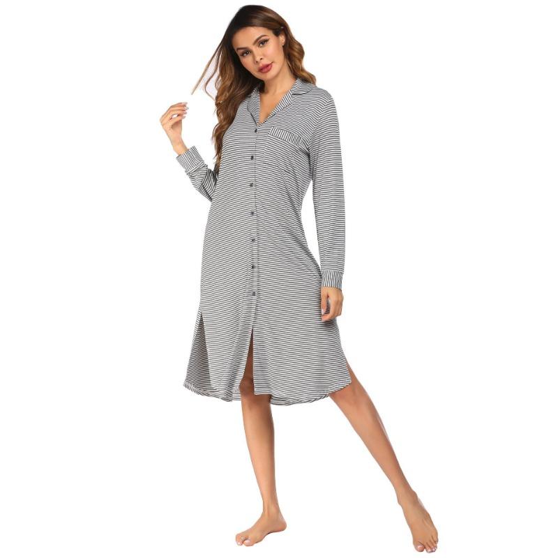 YYFS Women's Fashion Spring Fall Stripe Print Long Sleeve POLO Neck Loose Waistline Casual Dresses
