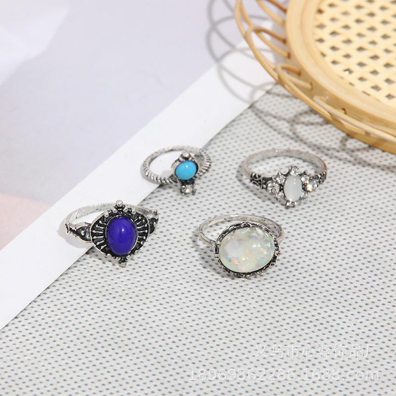 Retro Western Crystal Gemstone Rhinestone Pearl 4-Piece Ring Set One Size античный серебряного