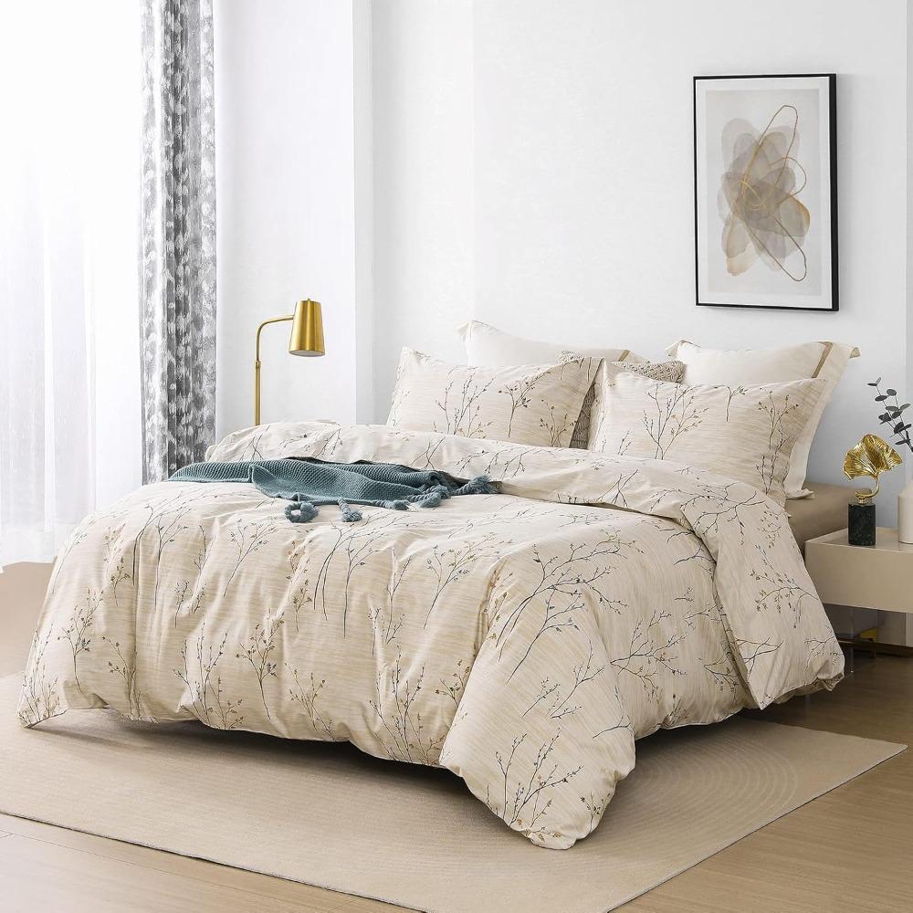 Egyptian Cotton Queen Bedding Set with Cream Branch Pattern and 1200 Thread Count for Breathable Comfort