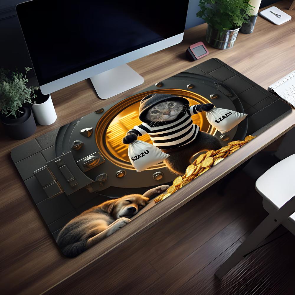 Gaming Mouse PadLarge Desk MatAntislip Rubber Base Stitched Edges Funny Cat Watermelon Art Print Extended Office Gamer Mat