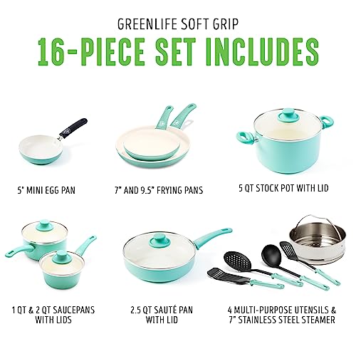 Greenlife 14-Piece Nonstick Ceramic Cookware Set with Soft Grip 16-Piece Blue
