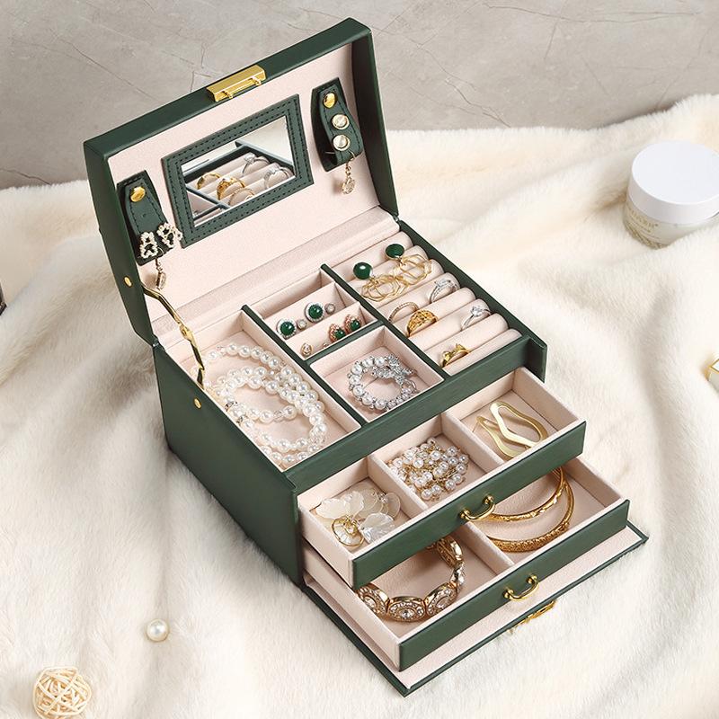 Three-layer Jewelry Storage Box with Lock Drawer Type Leather PU Earrings, Earrings, Rings, Jewelry Box Storage