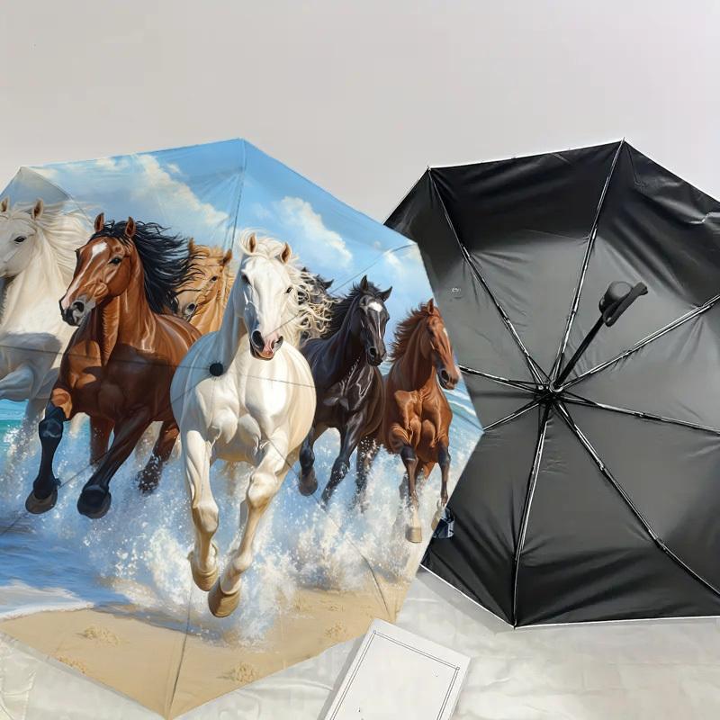 1pc running horses on the beach Umbrella with Plastic Handle,Suitable for All Seasons Home Travel Outdoor UmbrellaDD1632
