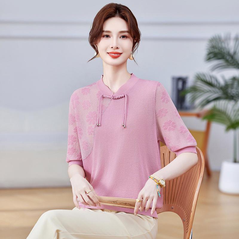 

2026 Spring/Summer Mid-Sleeve Chinese Style Blouse for Middle-Aged Women 3XL (120-135 lbs) розовый