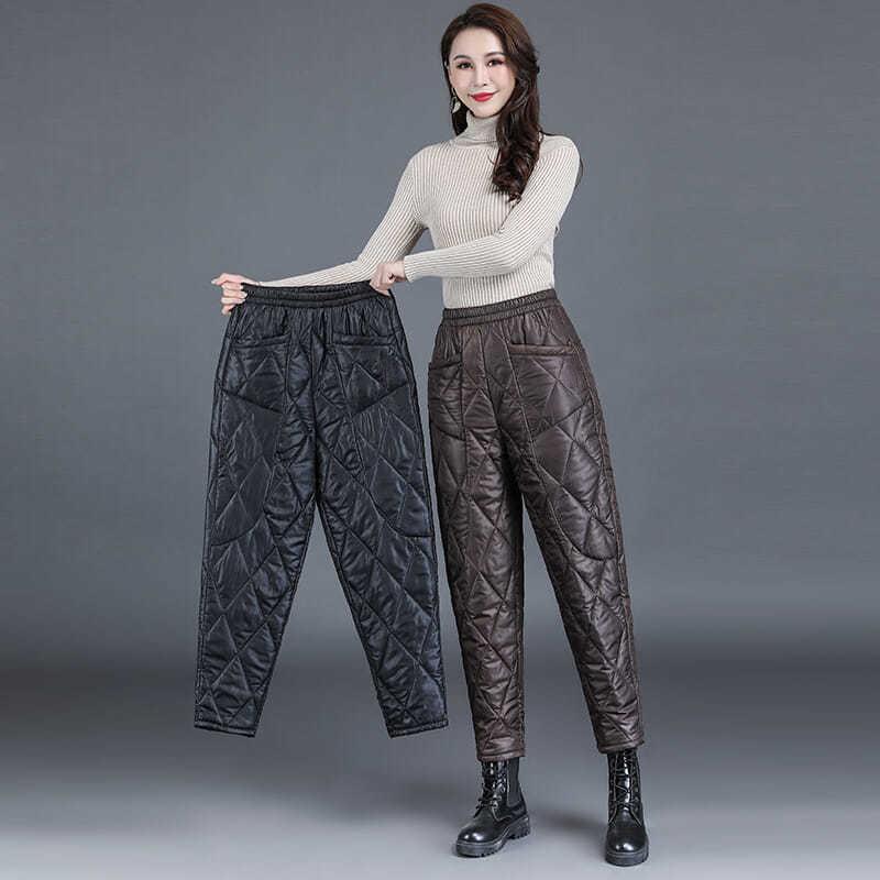 Autumn and Winter Plus Size Women's Thickened Padded Diamond Lattice Light Elastic Waist Hundred Solid Colour Warm Loose Trousers