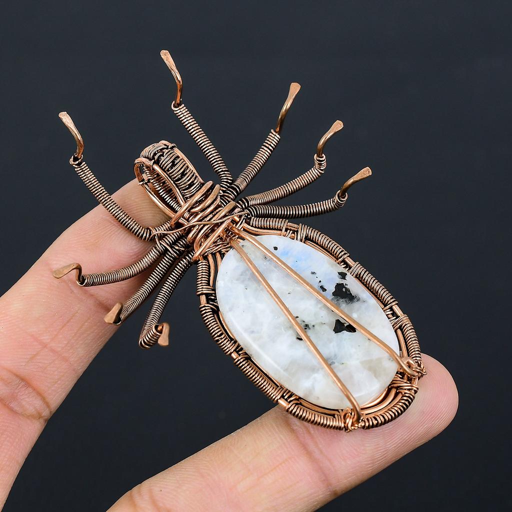 Natural Rainbow Moonstone Gemstone Copper Wire Wrap Spider Pendant 2.56" M1b28