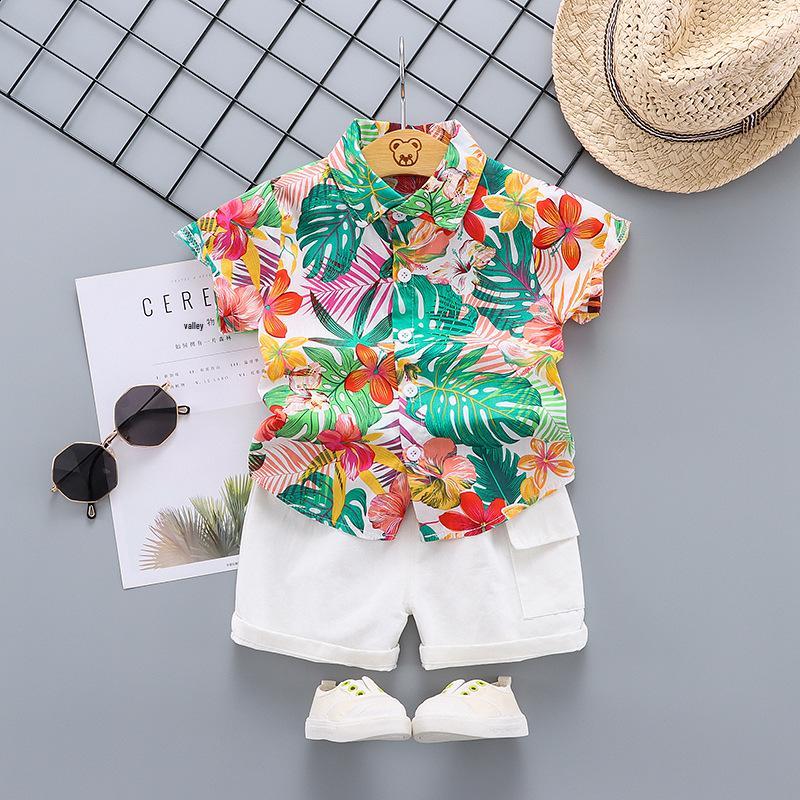 Boys' Island Style Short Sleeve Summer Clothes Set – Breathable Turn-Down Collar Shirt & Infant Two-Piece Outfit