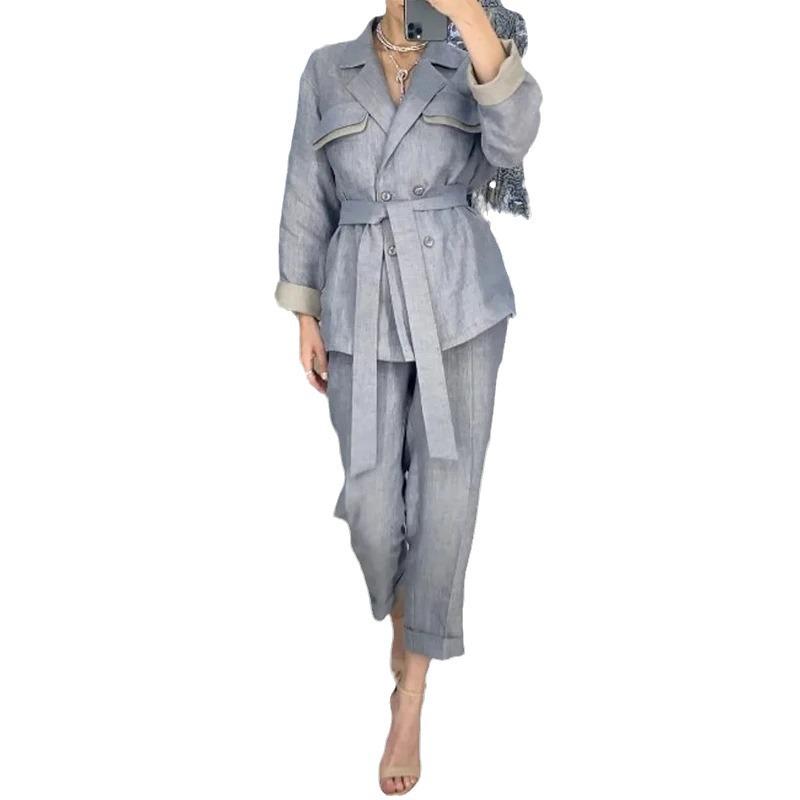 2023 Autumn European-American Fashion Polo Collar Tie-Waist Commuter Pants Set