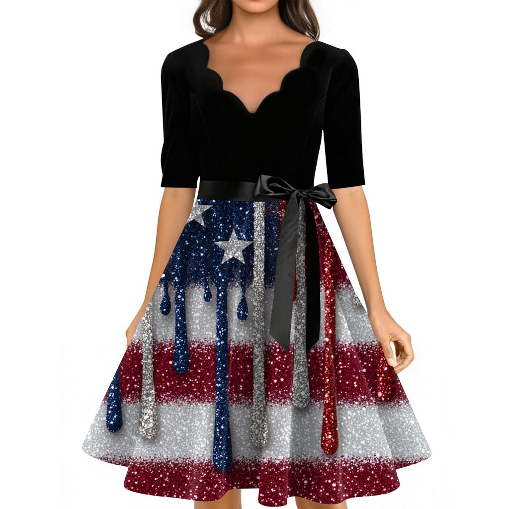 Women's Casual Fashion V-neck Retro Short-sleeved Dress With Flag Independence Day Print