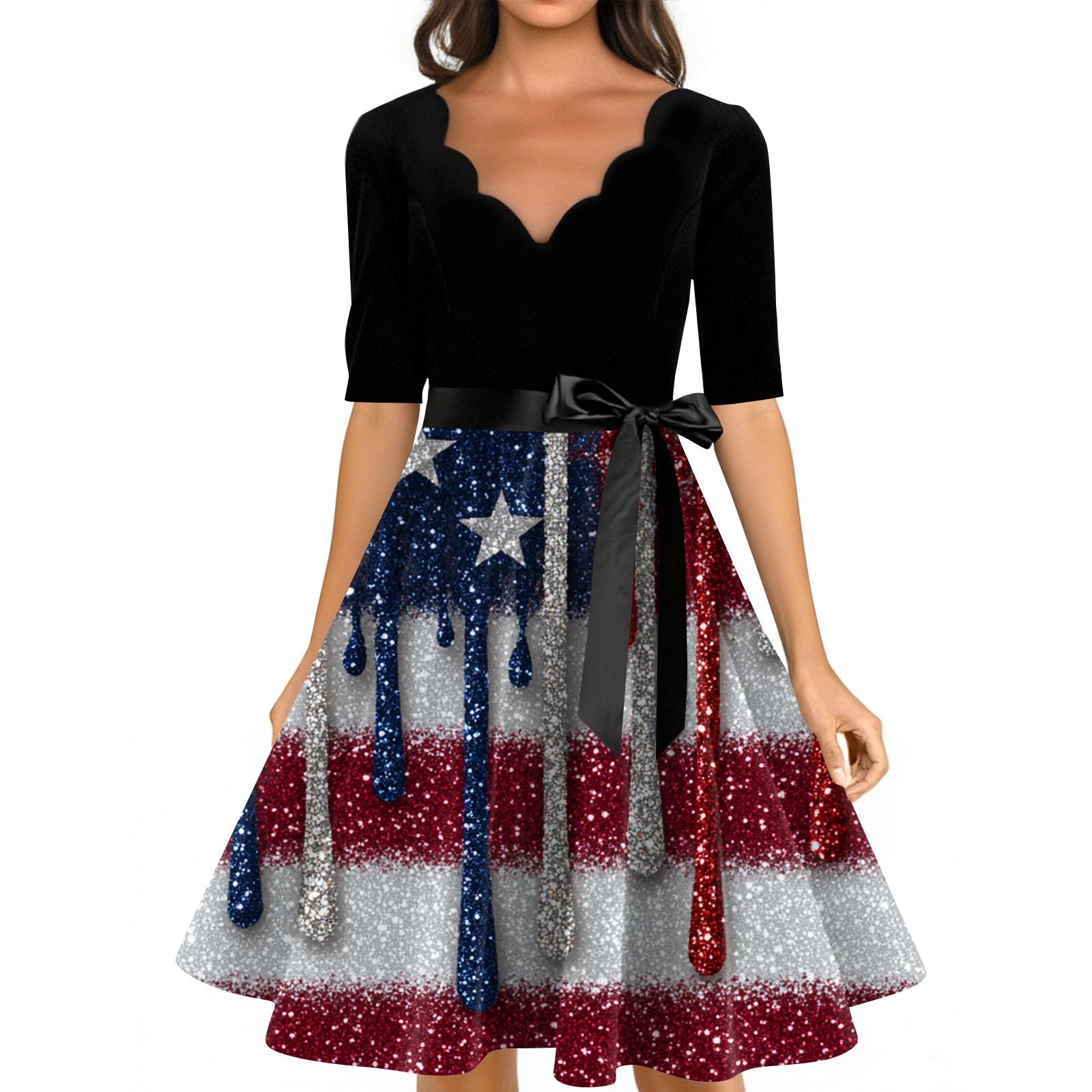 

Women Scalloped Neck Half Sleeve A Line Dress with Printed Skirt and Waist Tie for Casual or Party Wear XL