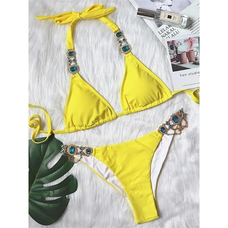 

2025 Блискуче стразове діамантове бікіні Жіночий купальник Жіночий купальний костюм Комплект бікіні з двох частин Халтер Металеві ланцюжки Купальний костюм M