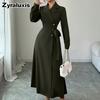 Women's Autumn Winter Suit Collar Long Sleeve Waist Belt Ruched Maxi Dress Formal Work Wear