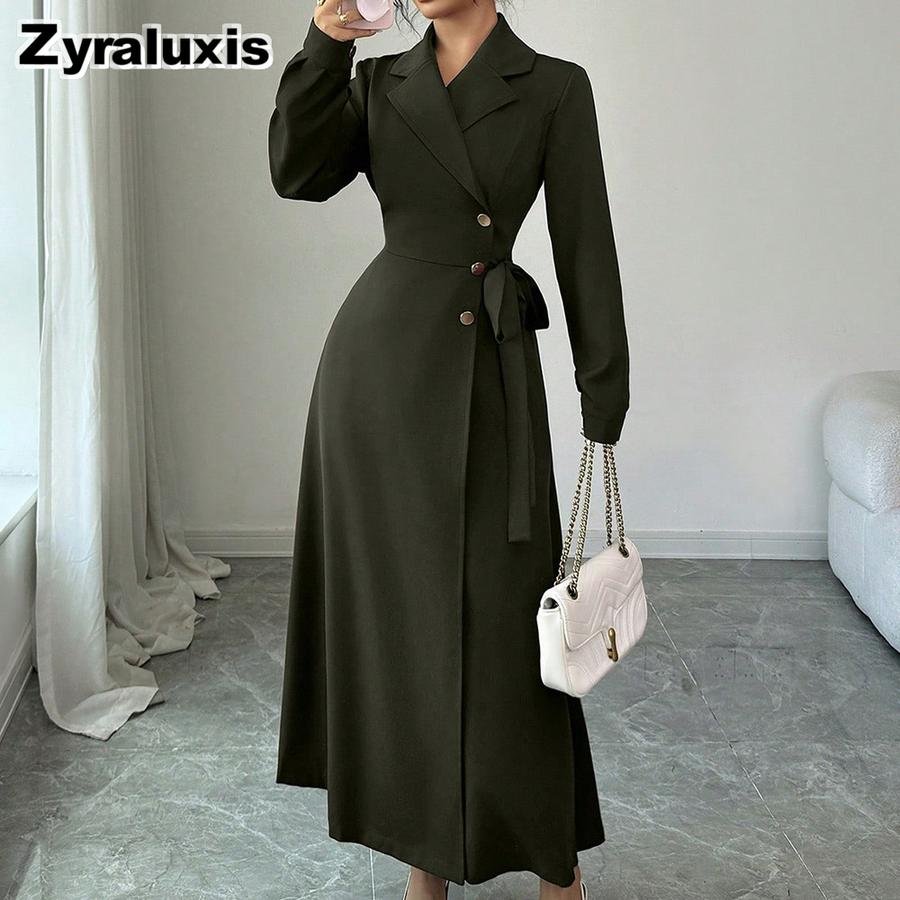 Women's Autumn Winter Suit Collar Long Sleeve Waist Belt Ruched Maxi Dress Formal Work Wear