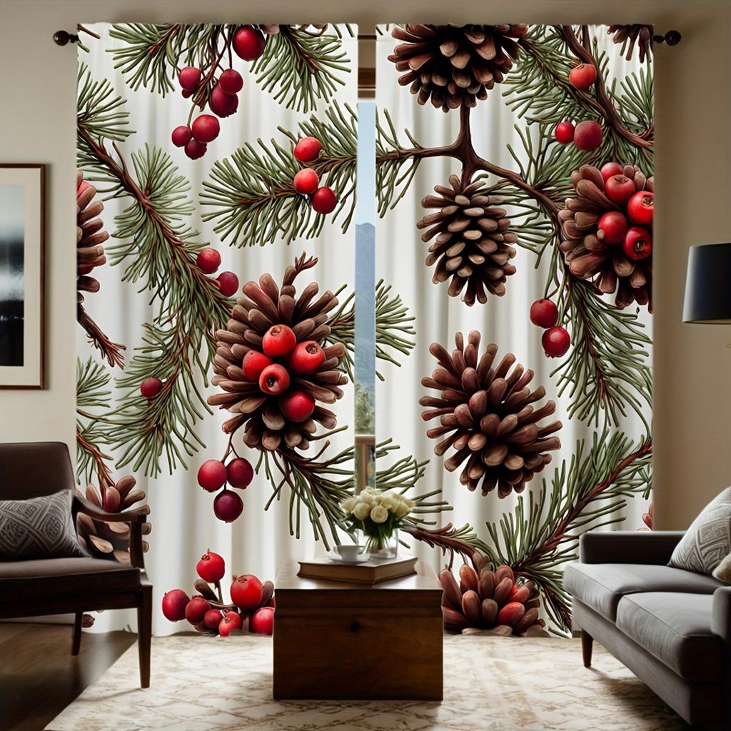 Contemporary Christmas Pinecone Berry Curtains Semi Transparent Style Bedroom Living Room Decor Set Of 2 Made Polyester Machine Washable Sitting