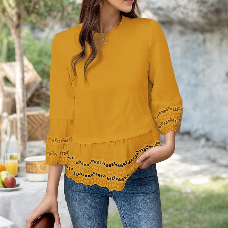 

ZANZEA Женская повседневная блузка с круглым вырезом, свободная, с кружевной вставкой, рукав 3/4 3XL