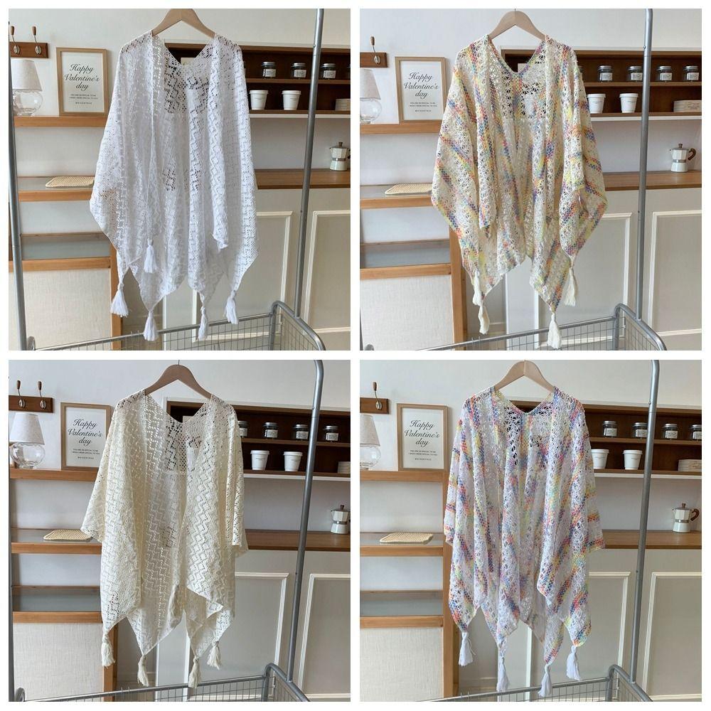Colorful Ethnic Style Tassel Shawl Thin Beach Scarf Vintage Sunscreen Crochet Cardigan  Outdoor