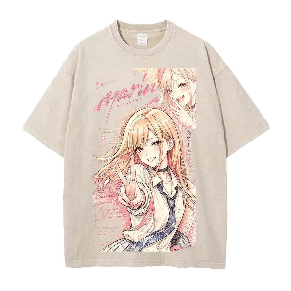 Anime My Dress Up Darling Kitagawa Marin Printed Tee Men Women Short Sleeve Cotton Tshirts Washed Clothing Vintage Streetwear