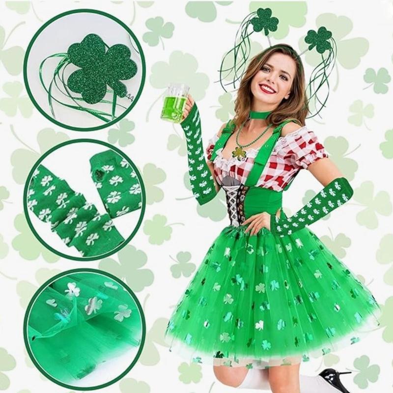 Lightweight Nonwoven Shamrock Necklace And Arm Sleeves Costume Skirt Headband Set For Comfortable Party Wear At Festival