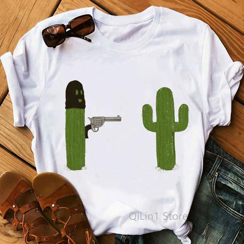 Funny Cactus T Shirts Women Summer Cute White Short Sleeve Top Tshirt Graphic Tee Shirt Femme Plant Print Tshirt Camisetas