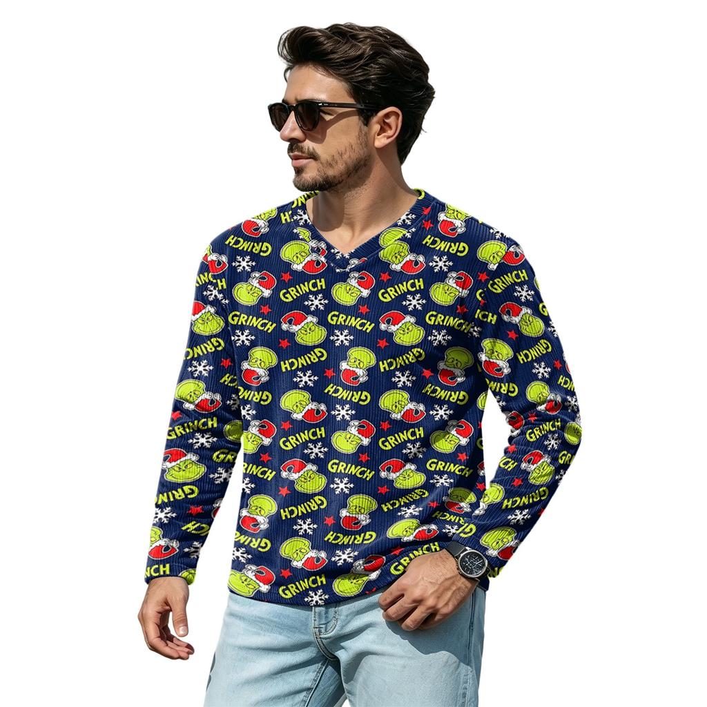Men's Casual Christmas V-Neck T-Shirt Comfortable Loose Fit Street Printed Top