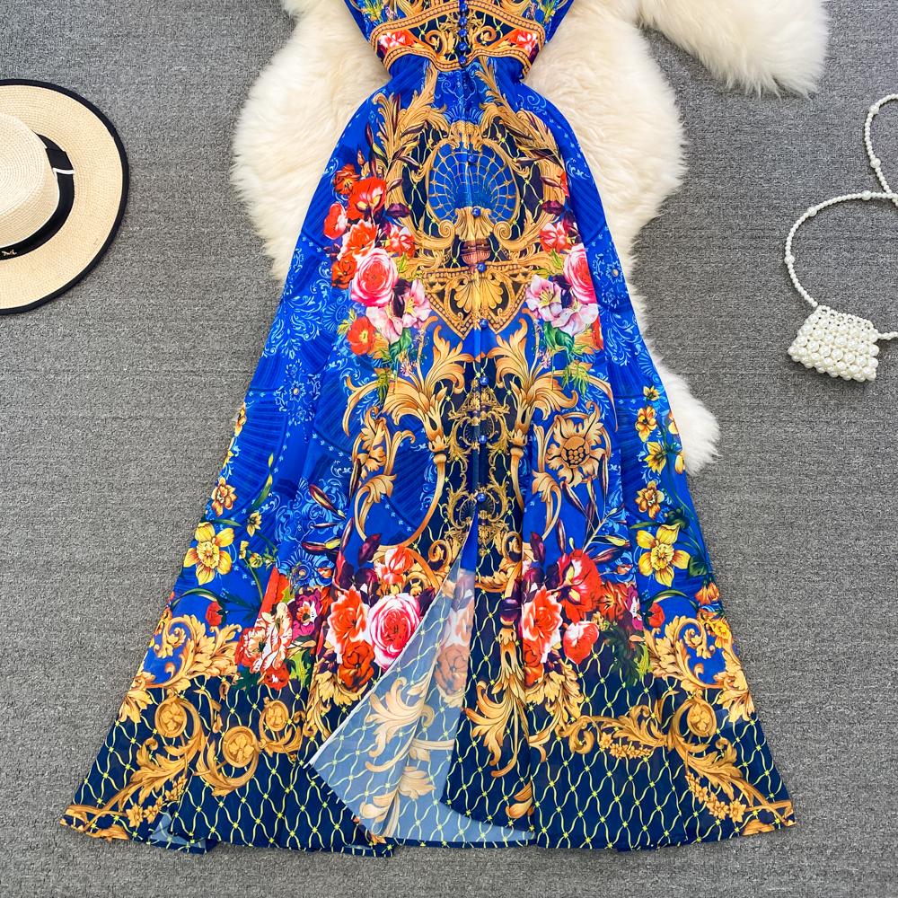 Fashion Runway Print Summer Dresses For Women Deep V Neck Flying Sleeve Single Breasted Split Long Pleated Chiffon Dresses