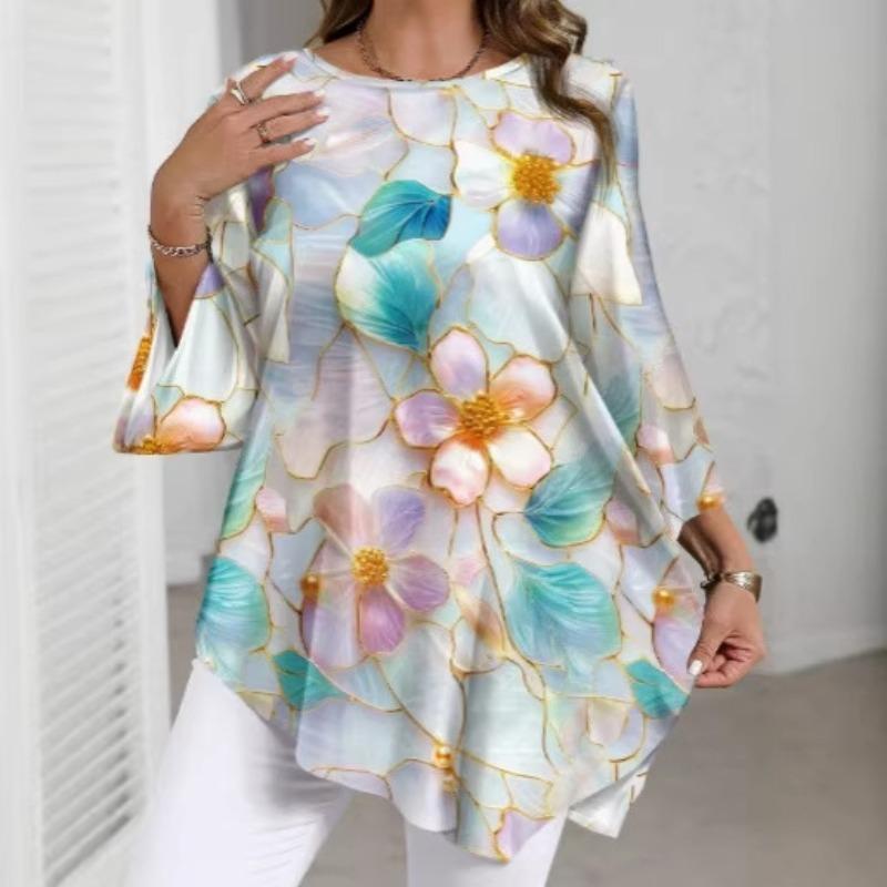 T-shirt Casual da Donna Taglie Forti, Blusa Stampata Girocollo, Abbinabile a Tutto, Primavera Estate 2026