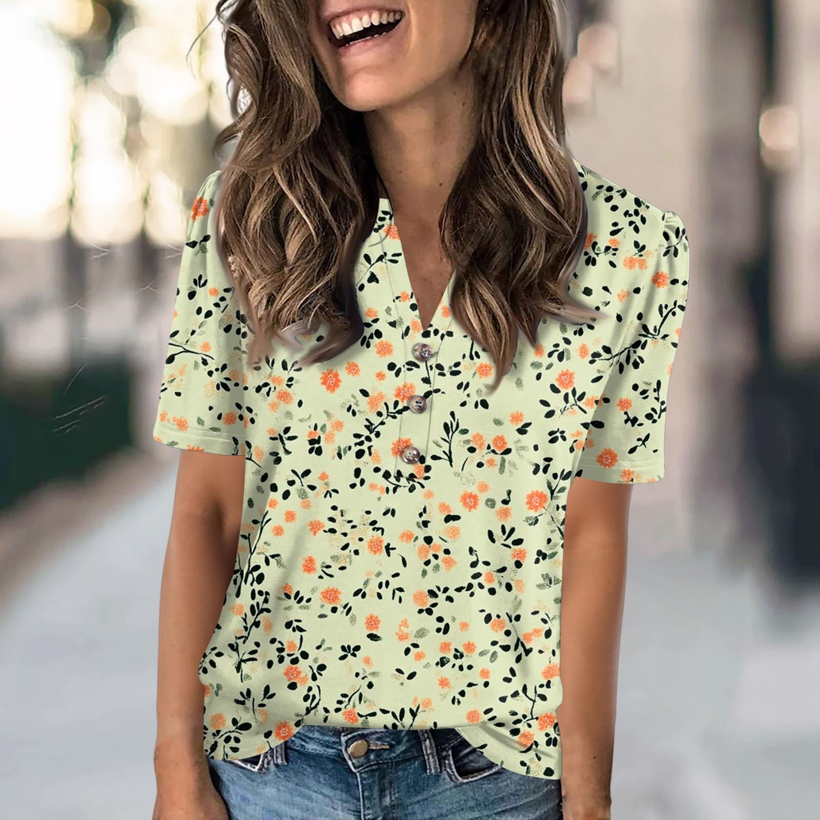 

Женские летние топы, женская мода, повседневная футболка с цветочным принтом, V-образным вырезом, коротким рукавом, на пуговицах XXL