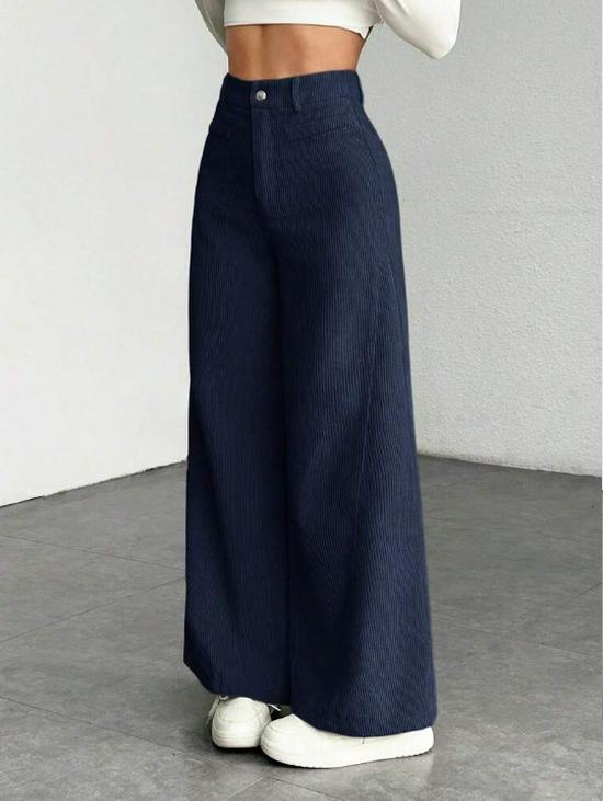 High Waist Corduroy Women's Wide Leg Pants - Casual, Loose, Floor-Length, Solid Color.