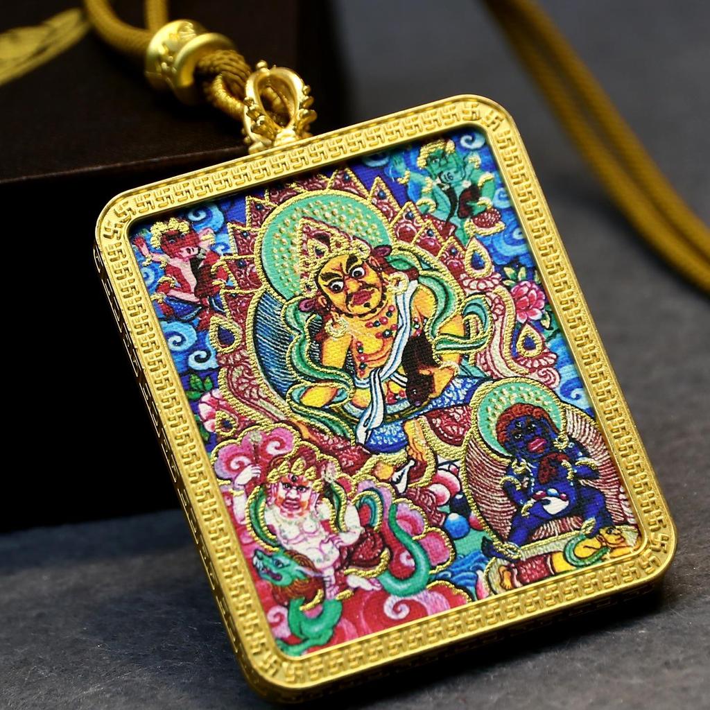 Tibet Mahakala Gold-Plated Thangka Pendant with Yellow Wealth God & Fox Fairy Design