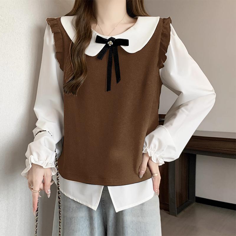 

VONDA Women Summer Lapel Fake Two-Piece Long Sleeve Contrast Color Blouses S коричневый