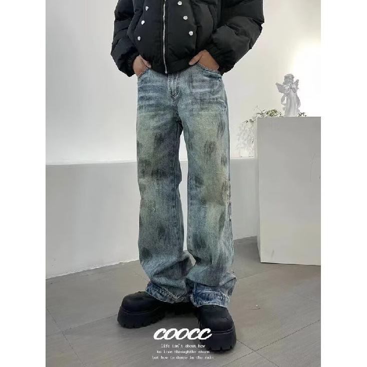 

Тренд Гонконга, мужские летние новые прямые джинсы с персонализированными надписями в стиле хип-хоп, модные уличные модные красивые брюки в стиле хулиган 3XL синий