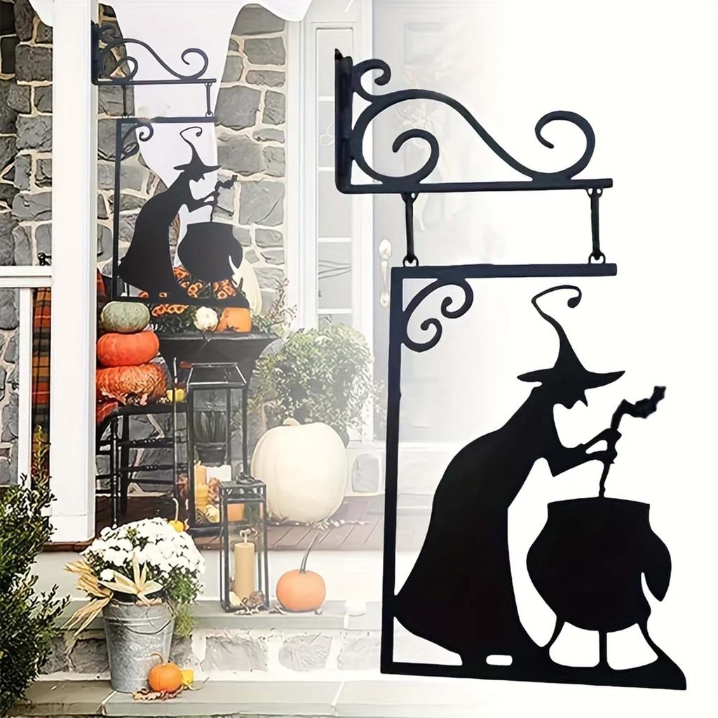 Metal Wall Hanging Halloween Witch Decoration with Cauldron Hanging Sign Indoor Outdoor Halloween Craft Ornament for Seasonal Home Display