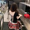 backless strap lace splicing v-neck short-sleeved T-shirt slim kink pure desire short yellow careful machine top
