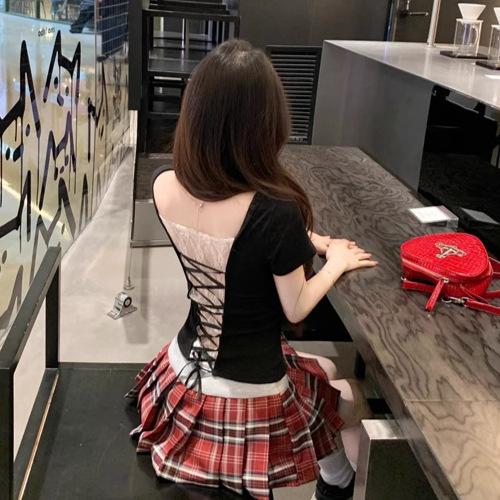 backless strap lace splicing v-neck short-sleeved T-shirt slim kink pure desire short yellow careful machine top
