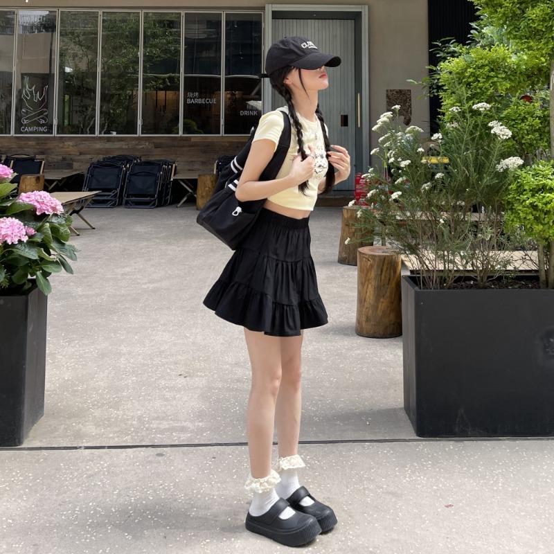 Blue High-waisted Skirt Women's Character Anti-light Spring and Summer Academy Style Simple Pleated Casual Cake Short Skirt