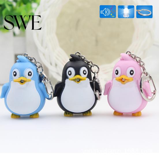 Cute Animal Penguin LED Light with Sound Key Chain Ring Torch Xmas Gift