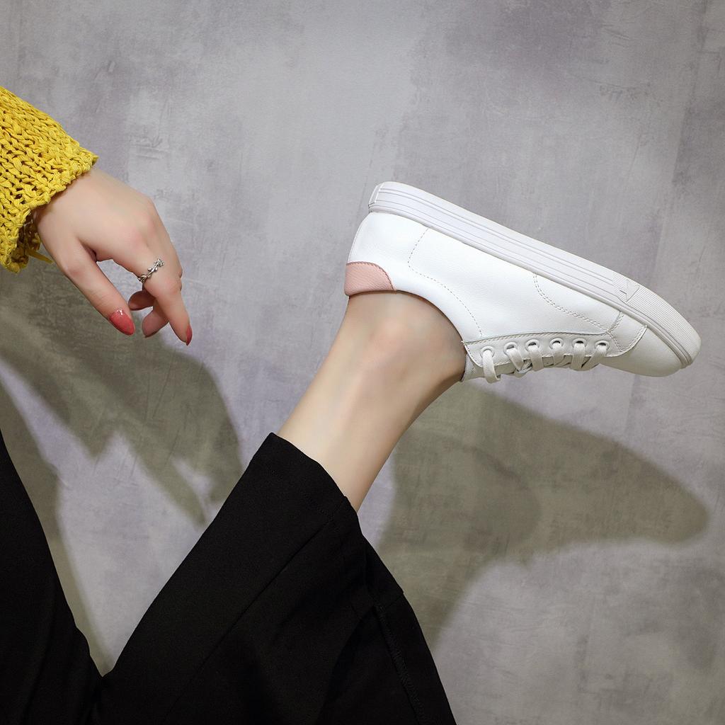 Leather Small White Shoes Soft Sole Round Head Casual Shoes Flat Matching Color Light Mouth Lazy Shoes Women's Single Shoes