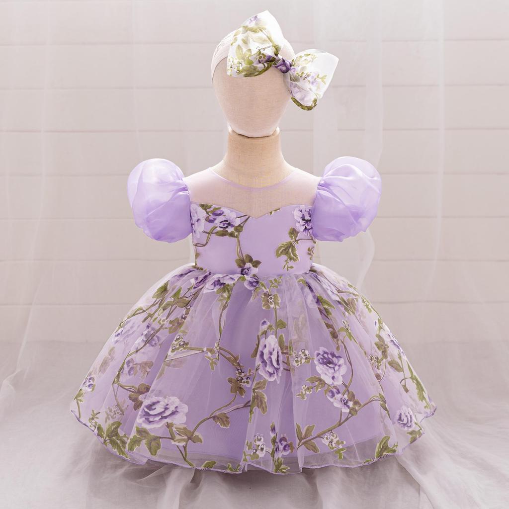 One-Year-Old Baby Girl Princess Birthday Mesh Dress with Flowers & Hair Accessories