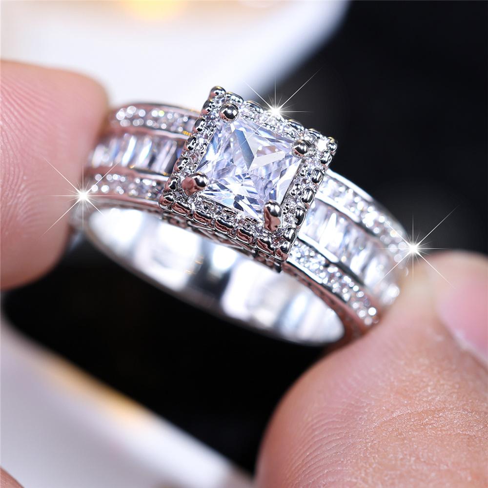 Luxury Female White Square Round Zircon Stone Ring Dainty CopperColor Wedding Jewelry For Women