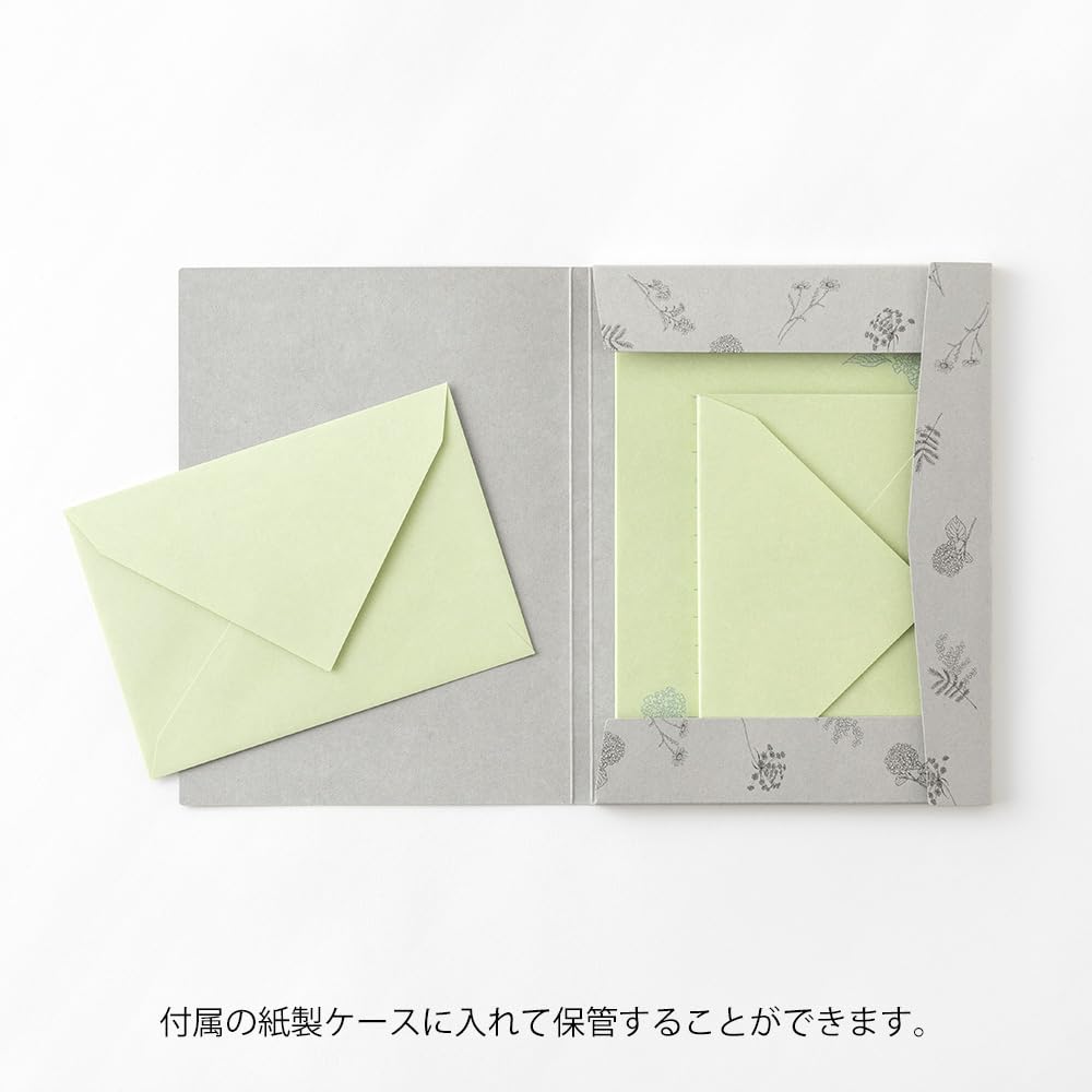 Midori Letter Floral Washi Paper with Paper 86931006 Set, Case, Green,