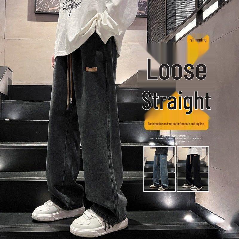 

Men s Loose Wide-Leg Black Jeans with Drawstring (Spring/Autumn 2024) S