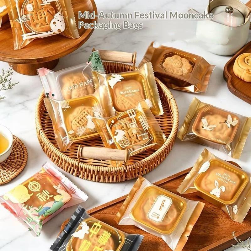 100Pcs Sealable Mooncake Packaging Bags Adorable Rabbit Prints Food Grade for Mid-Autumn Festival Baking Store Gift Packaging Use